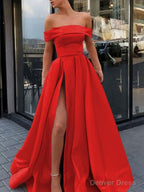 A Line Off The Shoulder Sweep Train Satin Prom Dresses With Leg Slit