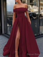 A Line Off The Shoulder Sweep Train Satin Prom Dresses With Leg Slit