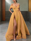 A Line Off The Shoulder Sweep Train Satin Prom Dresses With Leg Slit