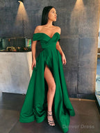 A Line Off The Shoulder Sweep Train Satin Prom Dresses With Leg Slit