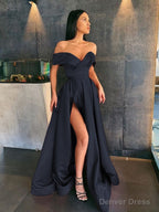 A Line Off The Shoulder Sweep Train Satin Prom Dresses With Leg Slit