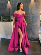 A Line Off The Shoulder Sweep Train Satin Prom Dresses With Leg Slit