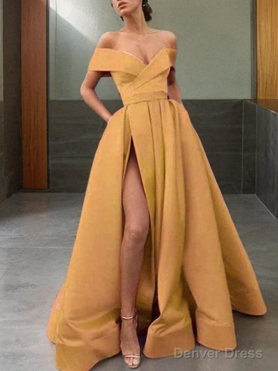 A Line Off The Shoulder Sweep Train Satin Prom Dresses With Leg Slit Main image