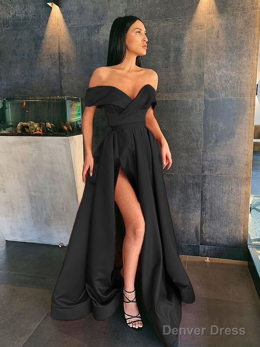 A Line Off The Shoulder Sweep Train Satin Prom Dresses With Leg Slit Secondary image