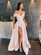 A Line Off The Shoulder Sweep Train Satin Prom Dresses With Leg Slit