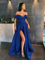 A Line Off The Shoulder Sweep Train Satin Prom Dresses With Leg Slit