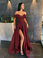 A Line Off The Shoulder Sweep Train Satin Prom Dresses With Leg Slit