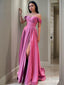 A Line Off The Shoulder Sweep Train Satin Prom Dresses With Leg Slit