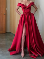 A Line Off The Shoulder Sweep Train Satin Prom Dresses With Leg Slit