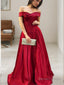 A Line Off The Shoulder Sweep Train Satin Prom Dresses With Ruffles