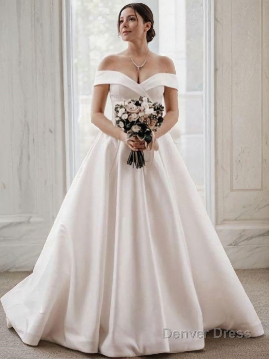 A Line Off The Shoulder Sweep Train Satin Wedding Dresses