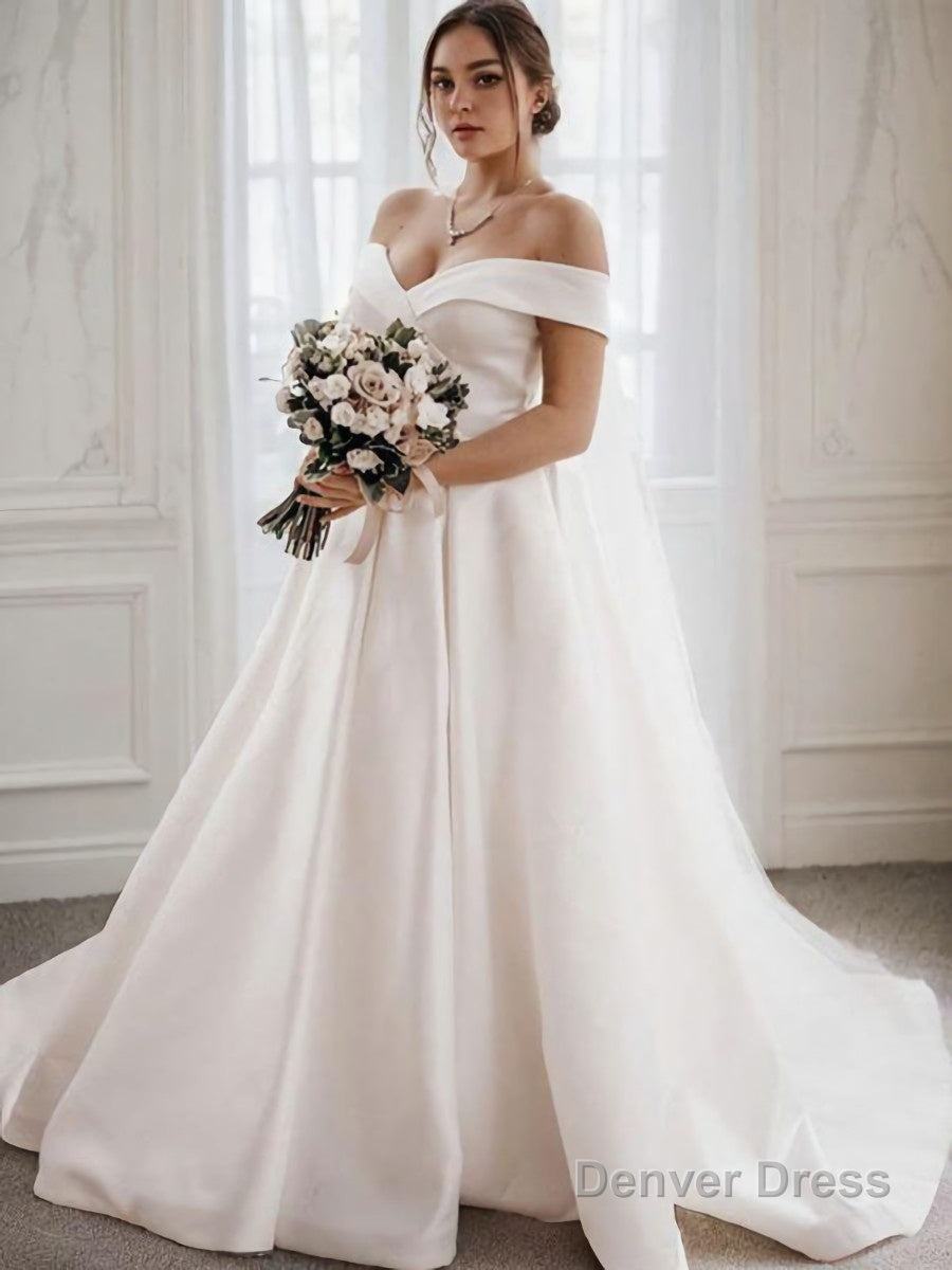 A Line Off The Shoulder Sweep Train Satin Wedding Dresses