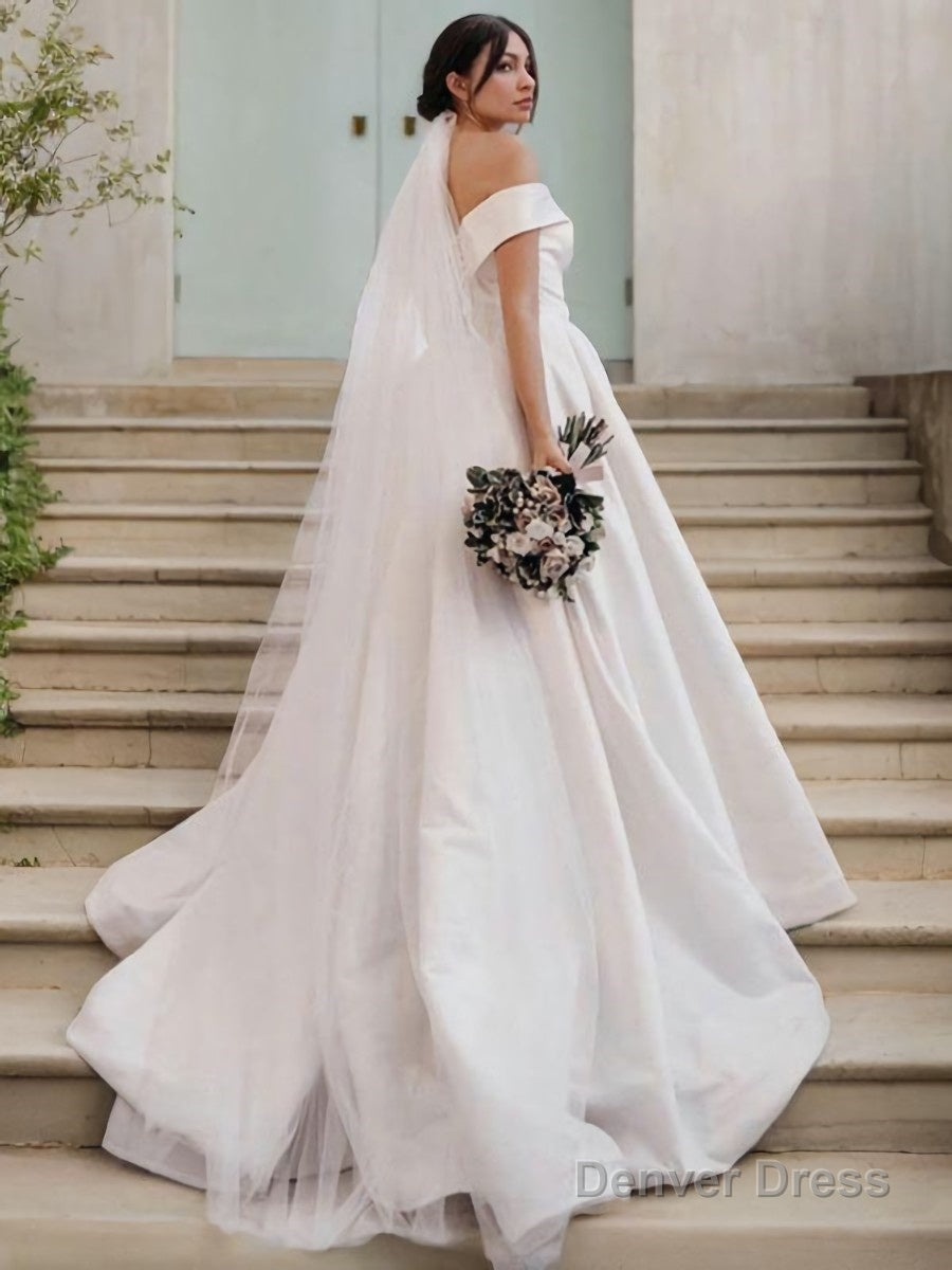A Line Off The Shoulder Sweep Train Satin Wedding Dresses