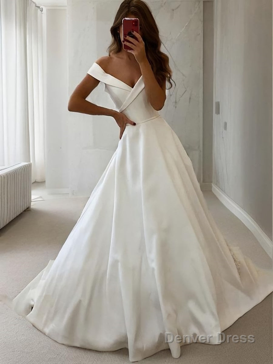 A-Line/Princess Off-the-Shoulder Sweep Train Satin Wedding Dresses Main image