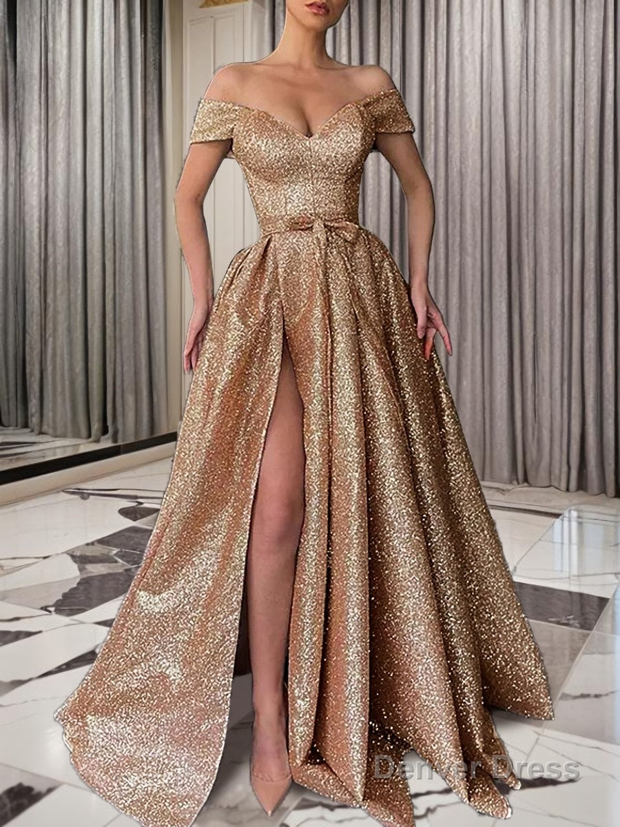 A Line Off The Shoulder Sweep Train Sequins Prom Dresses With Leg Slit