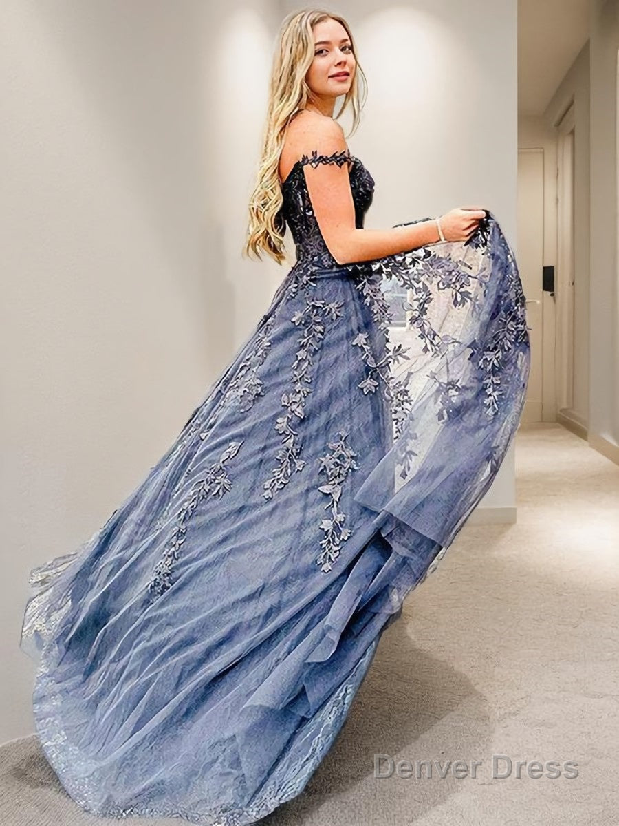 A Line Off The Shoulder Sweep Train Tulle Prom Dresses With Appliques Lace Secondary image