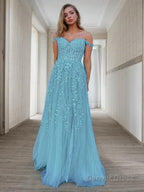 A Line Off The Shoulder Sweep Train Tulle Prom Dresses With Appliques Lace