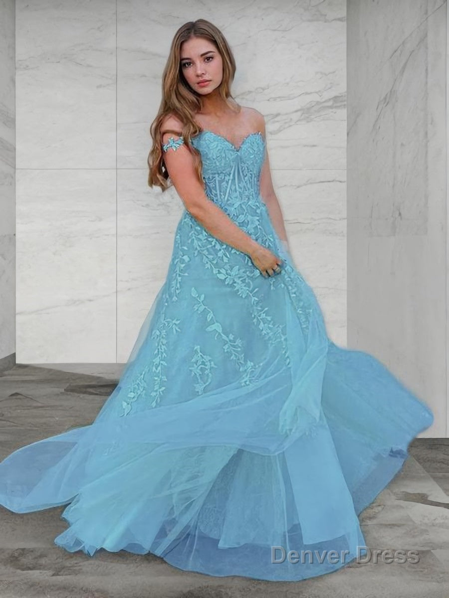 A Line Off The Shoulder Sweep Train Tulle Prom Dresses With Appliques Lace