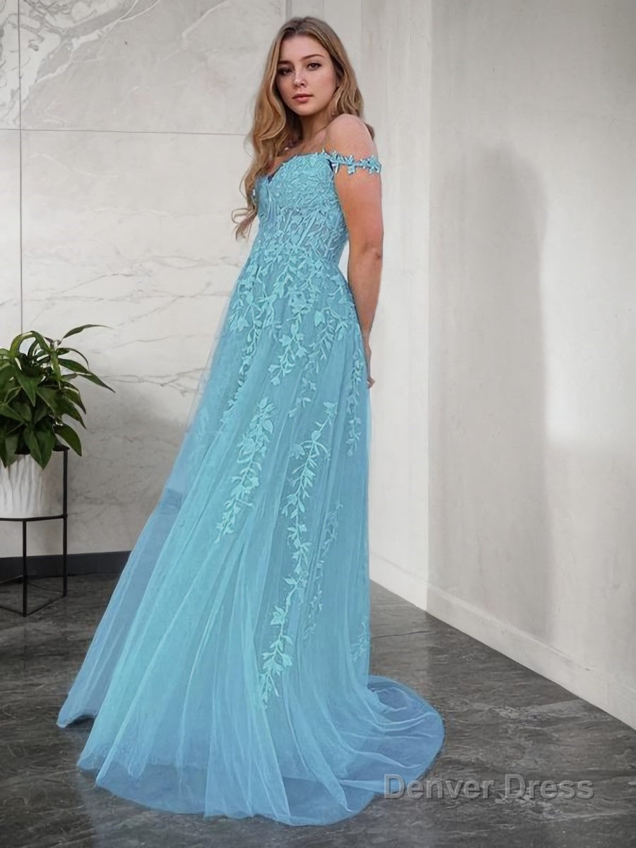 A Line Off The Shoulder Sweep Train Tulle Prom Dresses With Appliques Lace