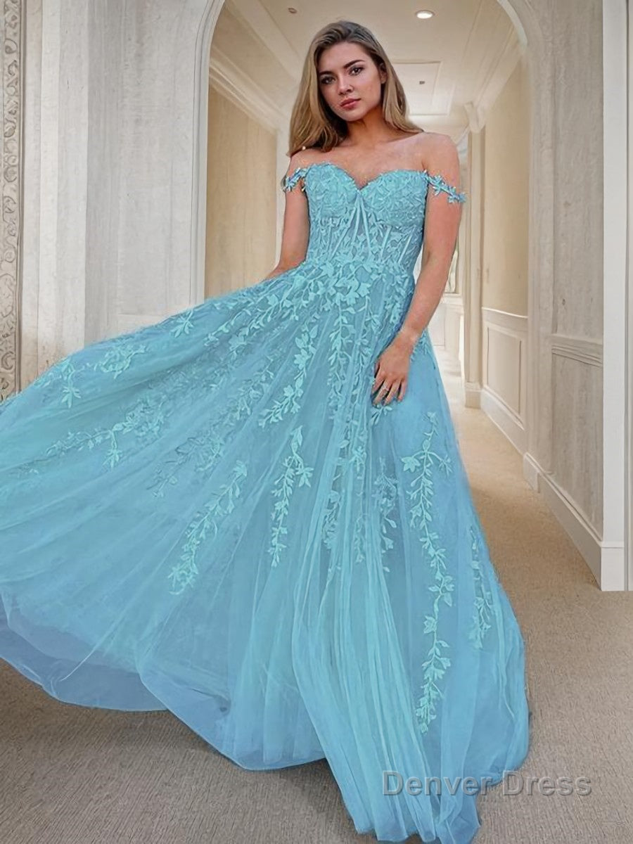 A Line Off The Shoulder Sweep Train Tulle Prom Dresses With Appliques Lace