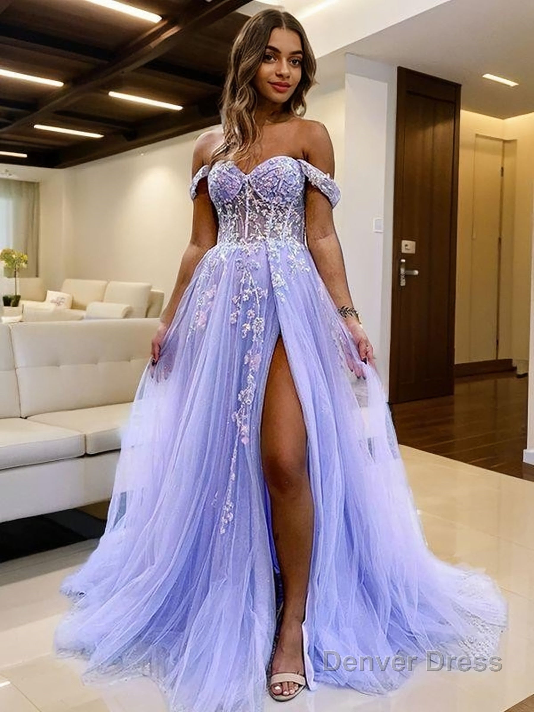A Line Off The Shoulder Sweep Train Tulle Prom Dresses With Leg Slit Secondary image