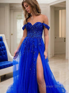 A Line Off The Shoulder Sweep Train Tulle Prom Dresses With Leg Slit