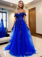 A Line Off The Shoulder Sweep Train Tulle Prom Dresses With Leg Slit