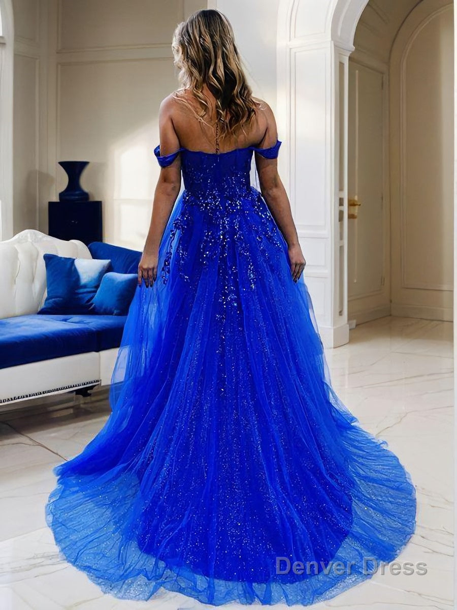 A Line Off The Shoulder Sweep Train Tulle Prom Dresses With Leg Slit