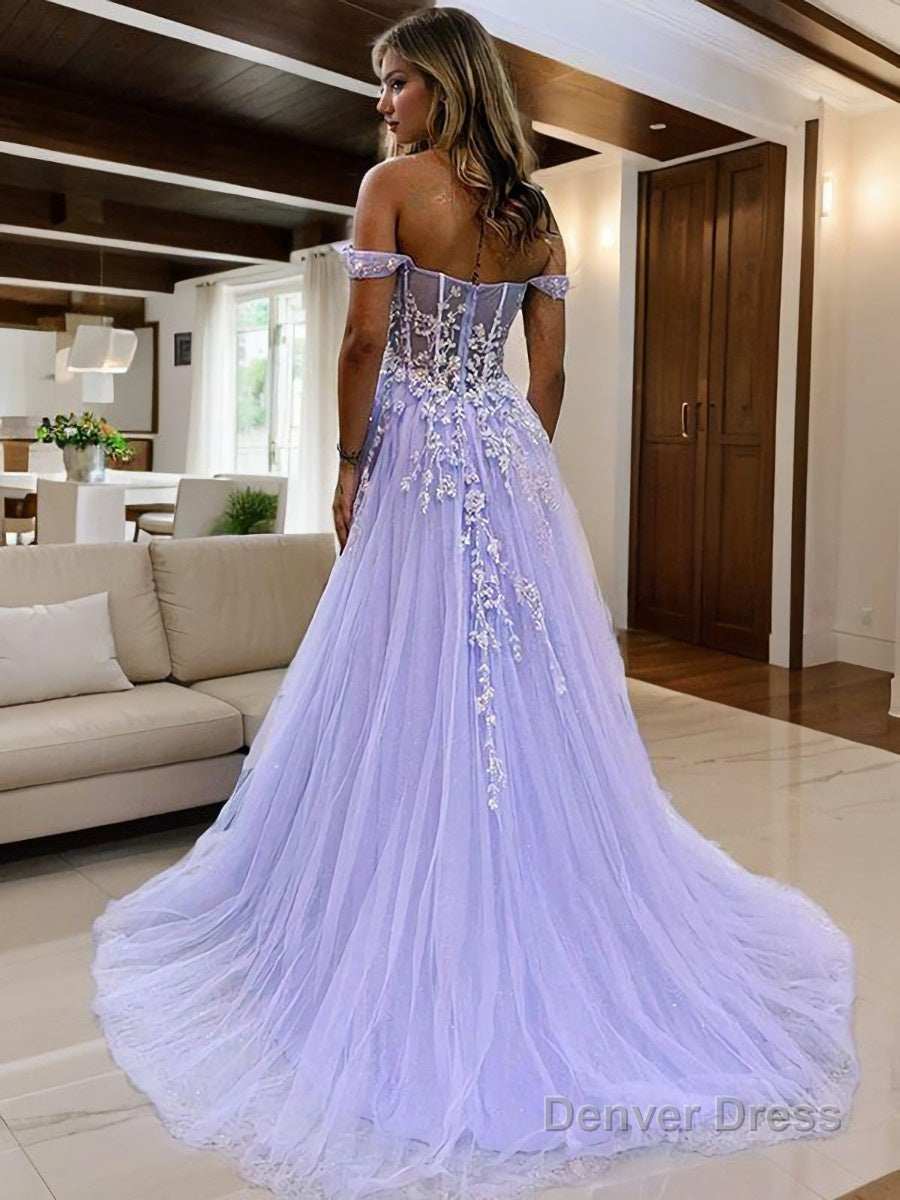 A Line Off The Shoulder Sweep Train Tulle Prom Dresses With Leg Slit