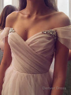 A Line Off The Shoulder Sweep Train Tulle Prom Dresses With Ruffles