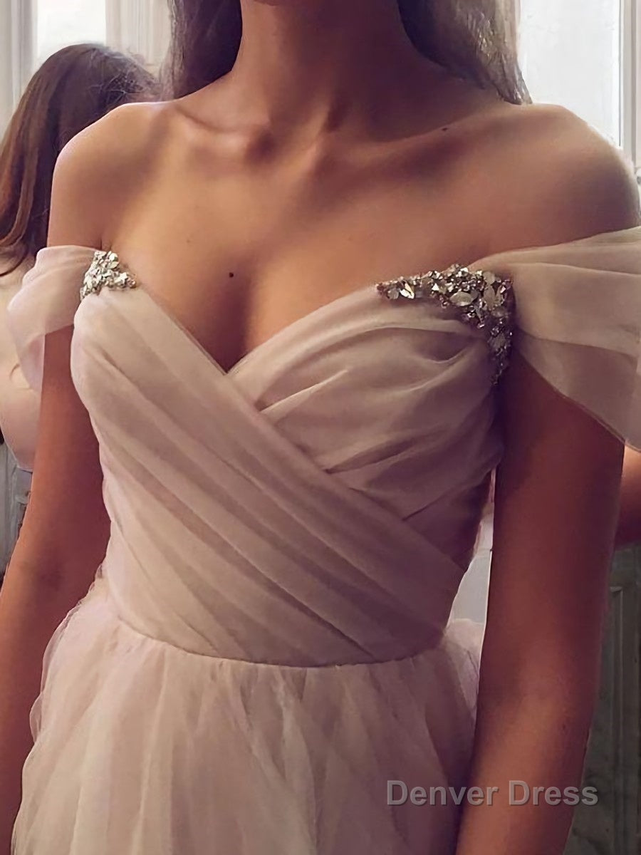 A Line Off The Shoulder Sweep Train Tulle Prom Dresses With Ruffles
