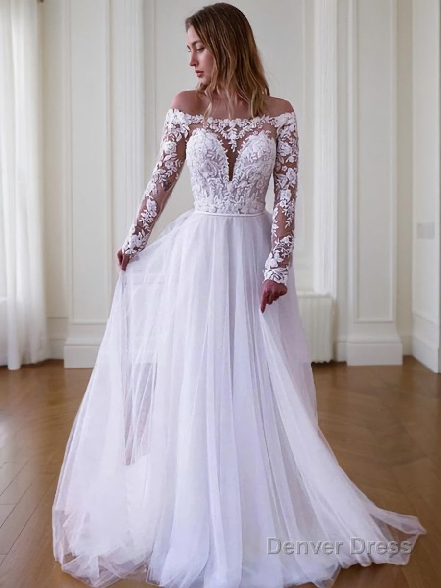 A Line Off The Shoulder Sweep Train Tulle Wedding Dresses Main image