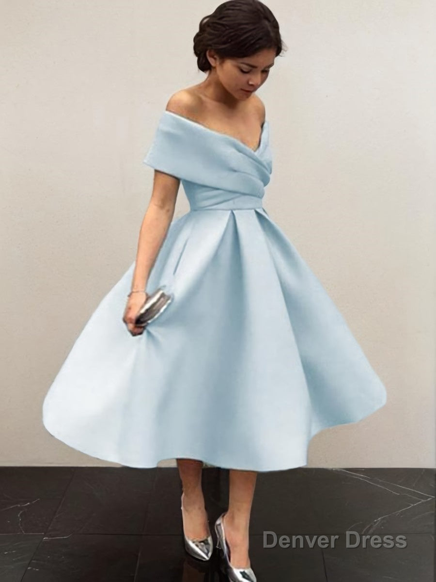 A Line Off The Shoulder Tea Length Satin Homecoming Dresses With Ruffles Main image