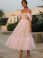 A Line Off The Shoulder Tea Length Tulle Homecoming Dresses With Ruffles