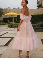 A Line Off The Shoulder Tea Length Tulle Homecoming Dresses With Ruffles