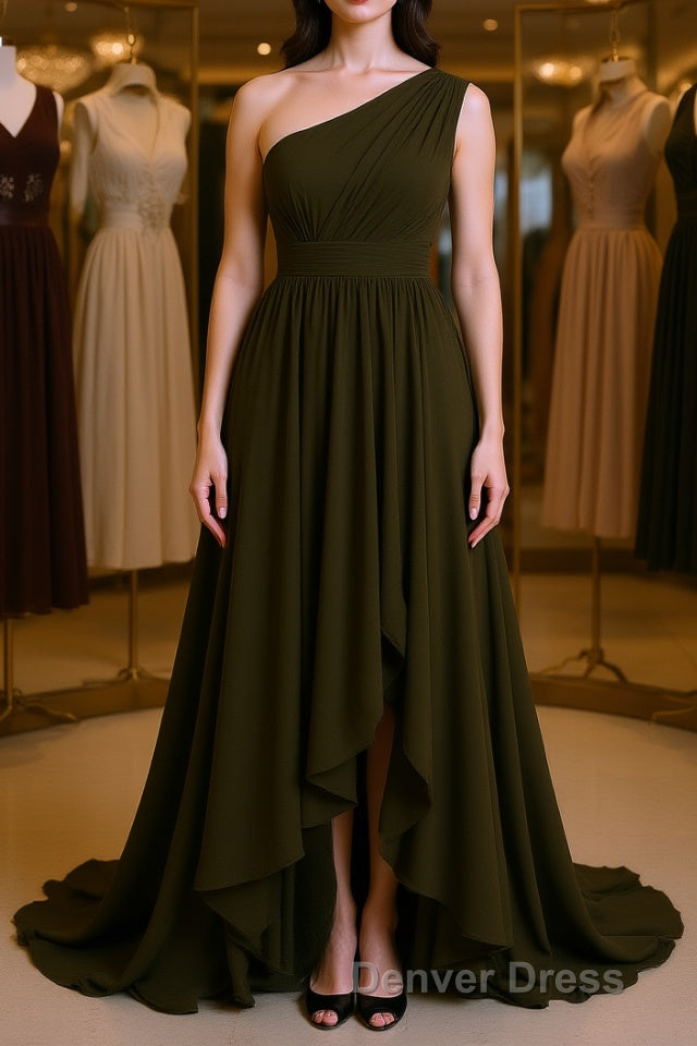 A Line One Shoulder Asymmetrical Chiffon Bridesmaid Dresses with Pleated