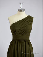 A Line One Shoulder Asymmetrical Chiffon Bridesmaid Dresses with Pleated