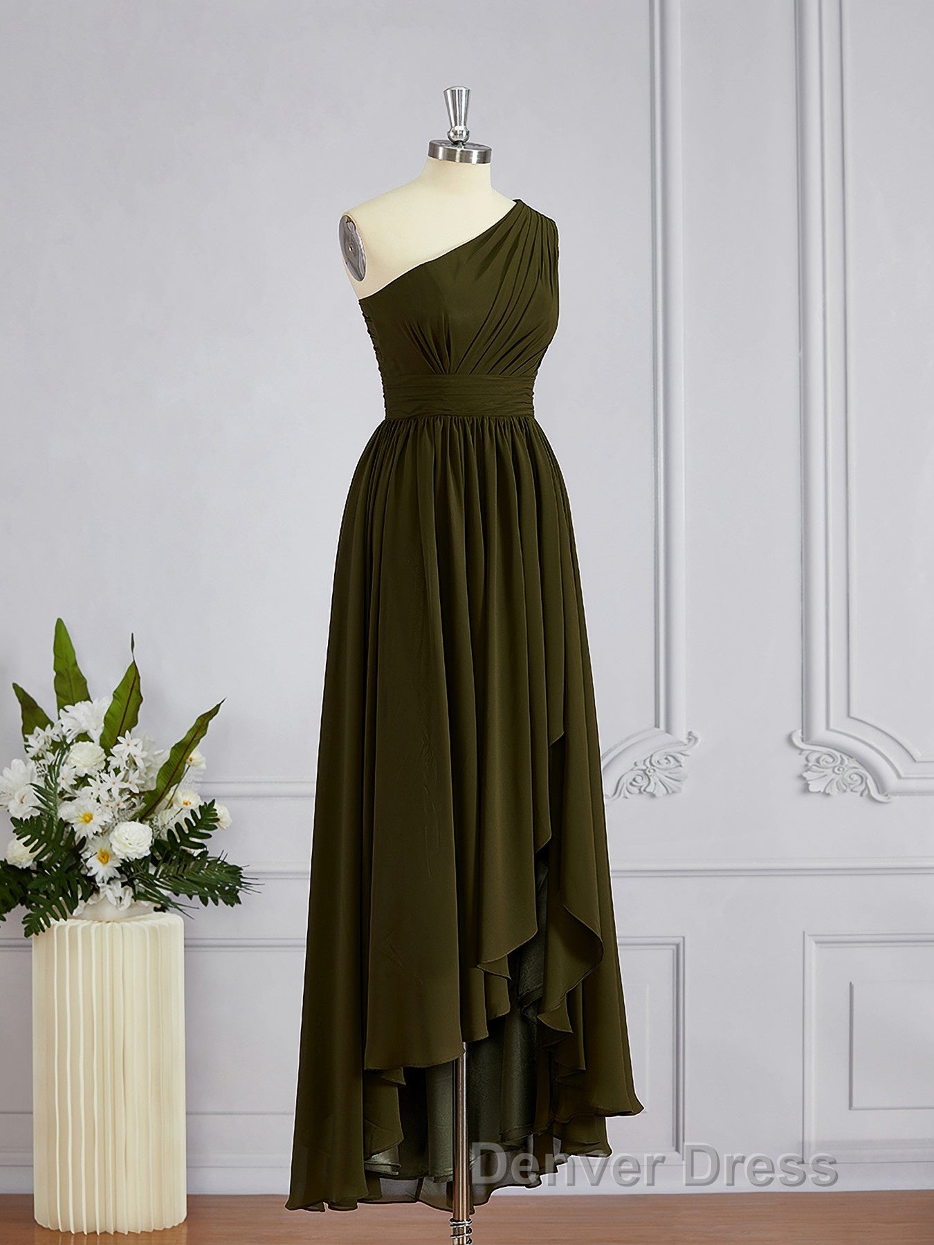 A Line One Shoulder Asymmetrical Chiffon Bridesmaid Dresses with Pleated