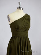 A Line One Shoulder Asymmetrical Chiffon Bridesmaid Dresses with Pleated