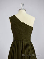 A Line One Shoulder Asymmetrical Chiffon Bridesmaid Dresses with Pleated