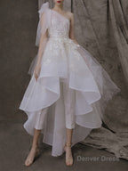 A Line One Shoulder Asymmetrical Tulle Wedding Dresses With Appliques Lace