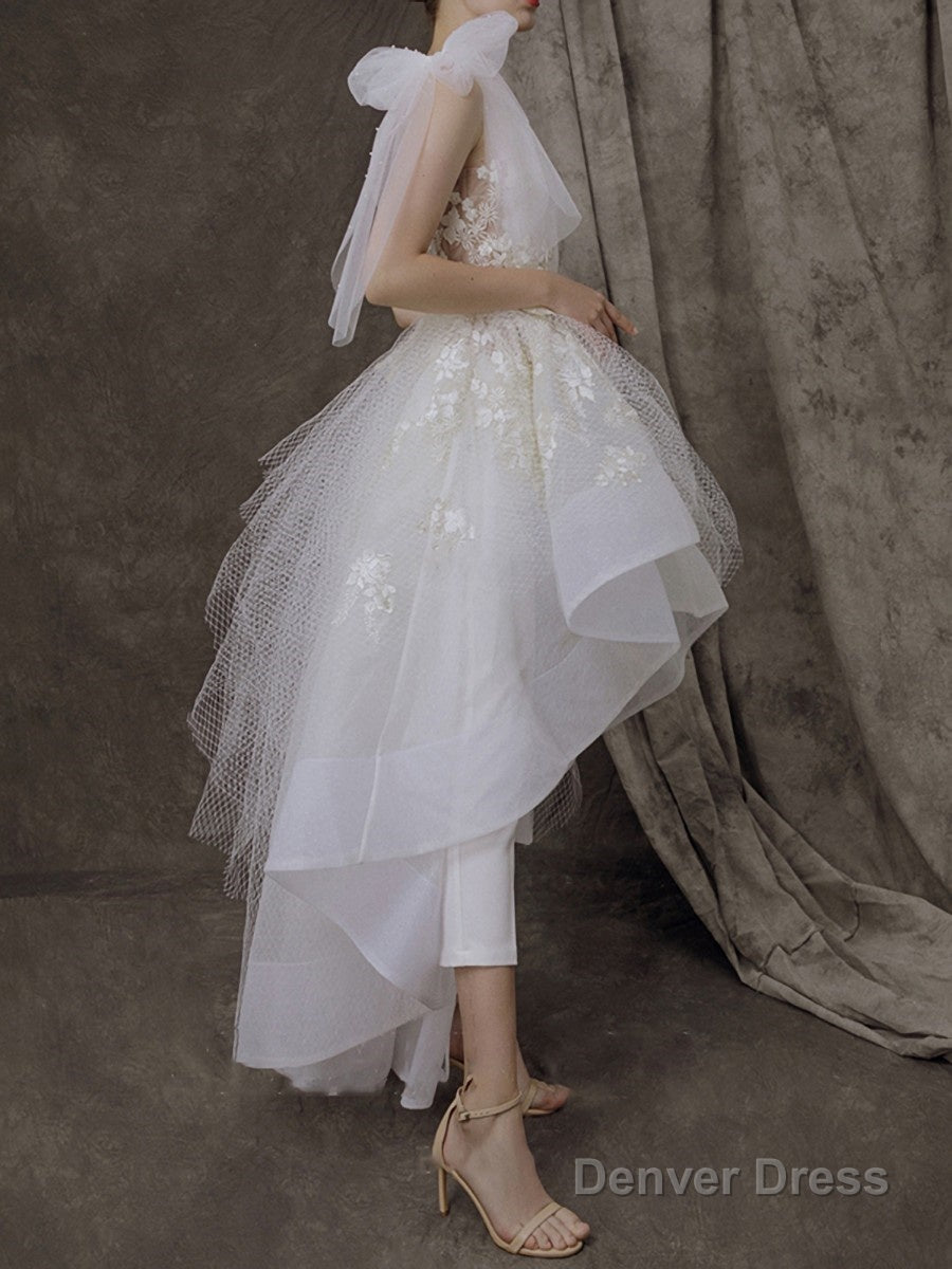 A Line One Shoulder Asymmetrical Tulle Wedding Dresses With Appliques Lace