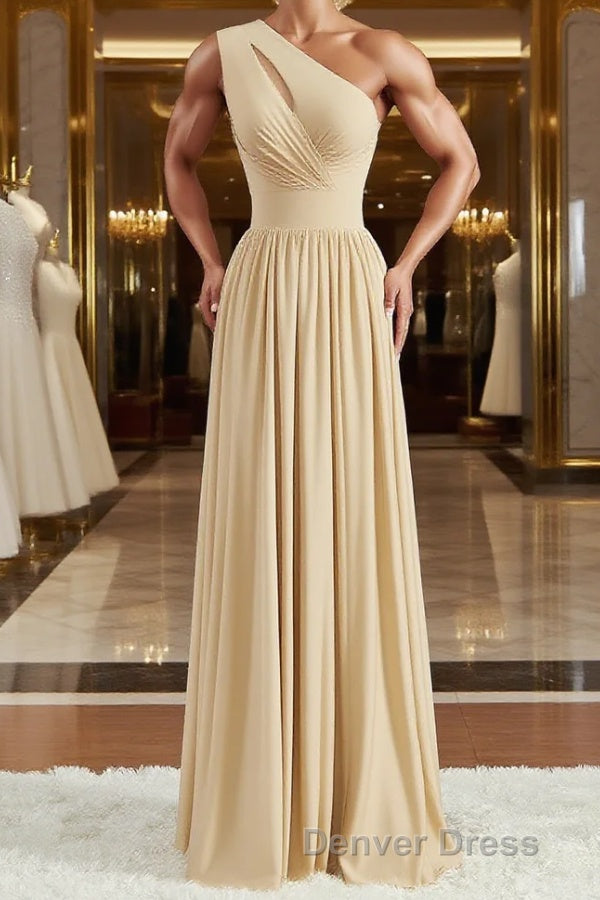 A Line One Shoulder Floor Length Jersey Bridesmaid Dresses with Leg Slit Main image