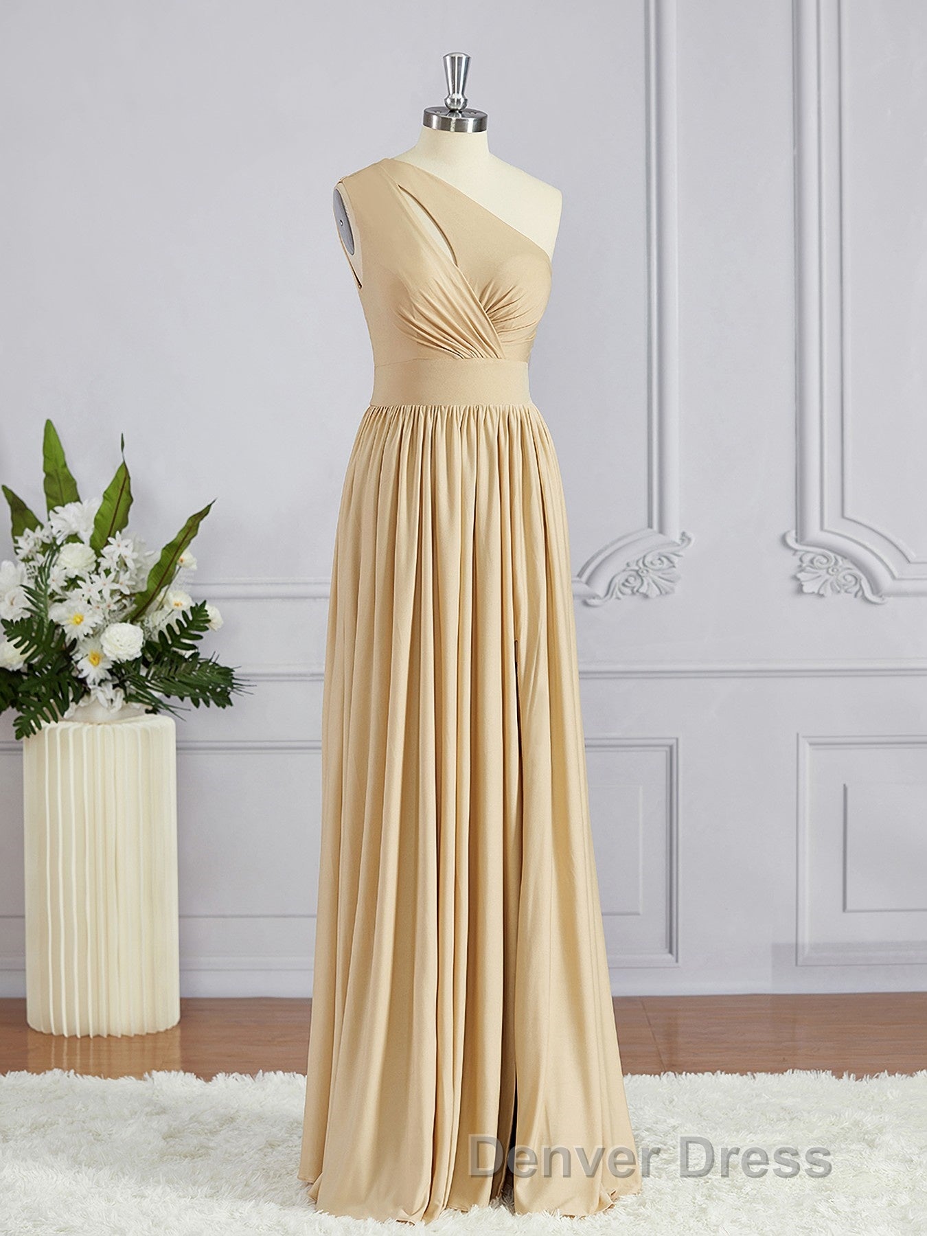 A Line One Shoulder Floor Length Jersey Bridesmaid Dresses with Leg Slit