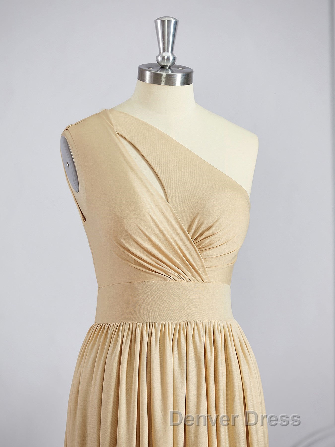 A Line One Shoulder Floor Length Jersey Bridesmaid Dresses with Leg Slit