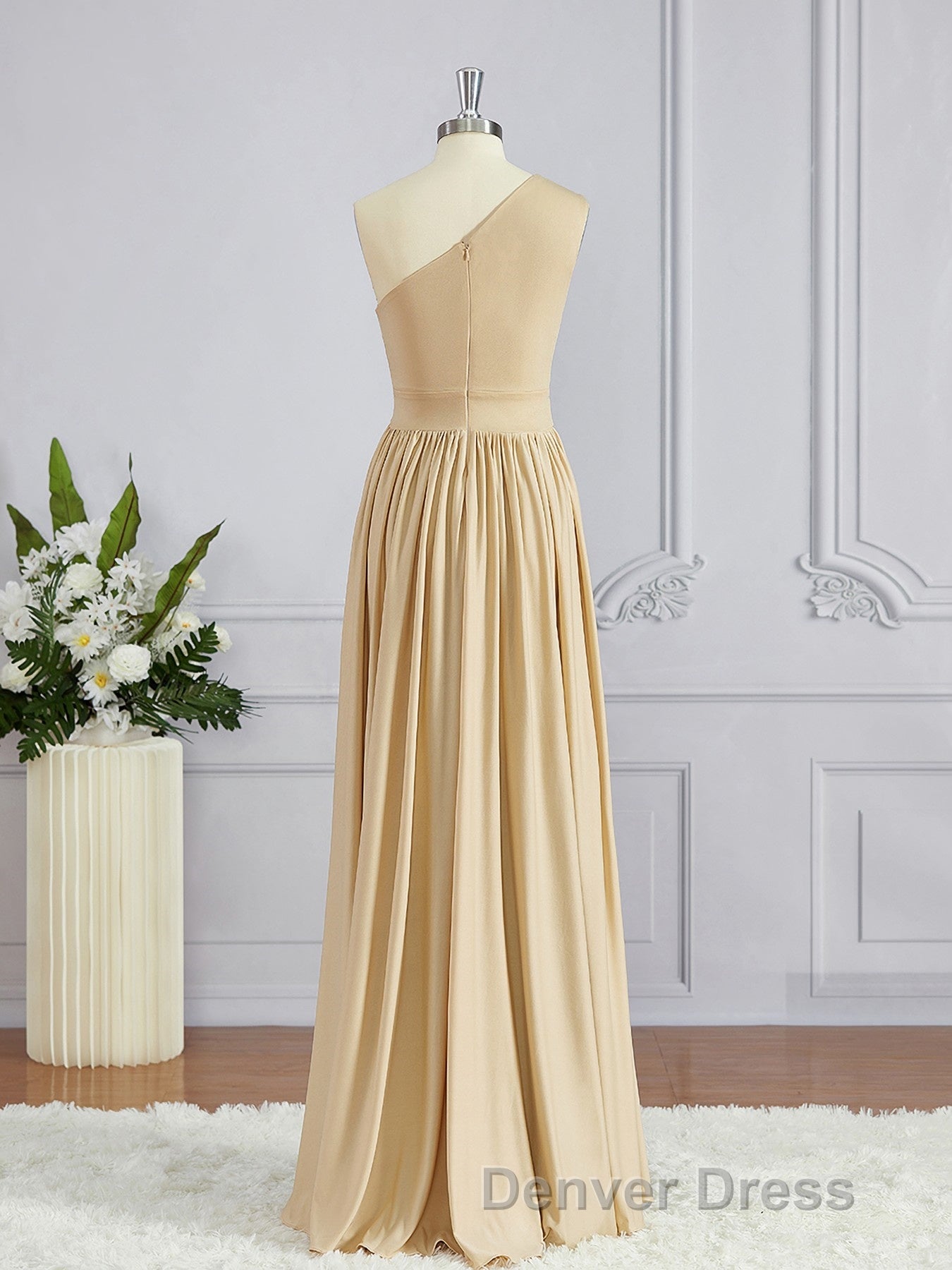 A Line One Shoulder Floor Length Jersey Bridesmaid Dresses with Leg Slit