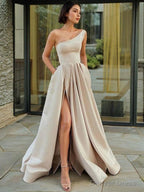 A Line One Shoulder Floor Length Satin Prom Dresses With Leg Slit