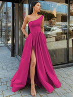 A Line One Shoulder Floor Length Satin Prom Dresses With Leg Slit