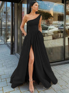 A Line One Shoulder Floor Length Satin Prom Dresses With Leg Slit