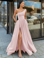 A Line One Shoulder Floor Length Satin Prom Dresses With Leg Slit